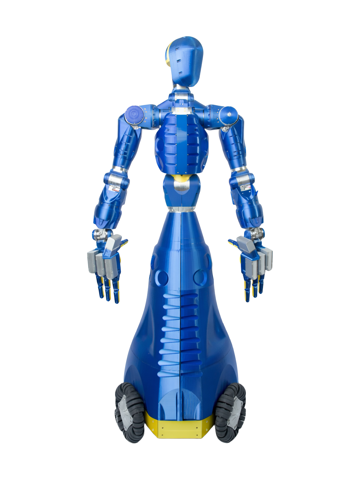 WorkFar Syntro, blue humanoid with two arms on a blue cone-shaped body above a yellow and black wheeled base, seen from the front, manufacturer rendering