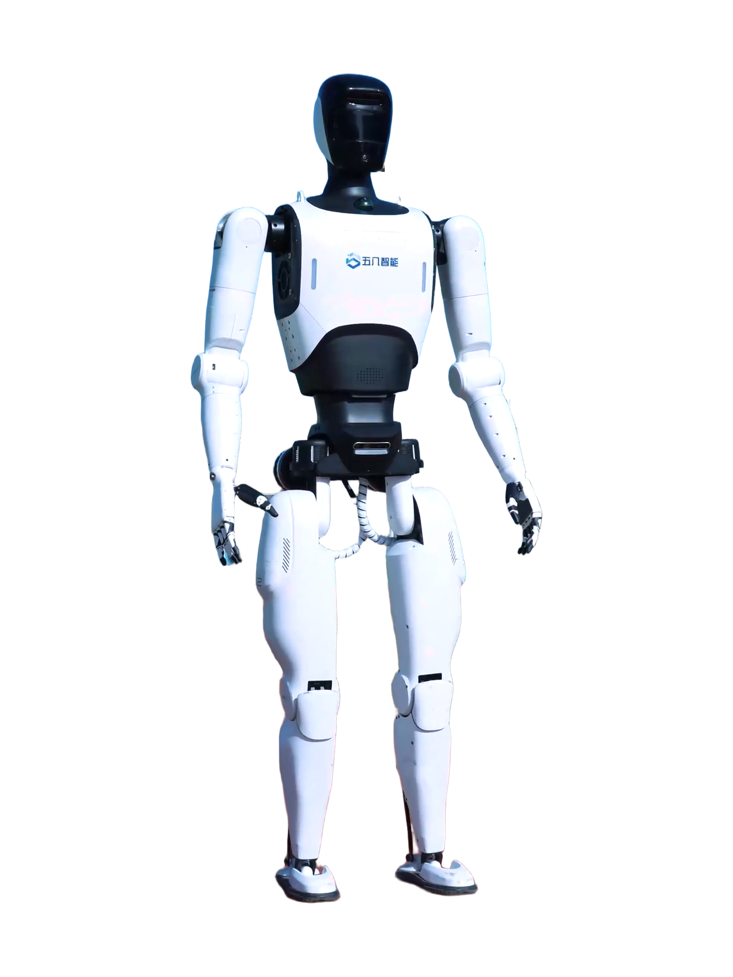 WUBA Da Sheng D12, white humanoid with a black oval head, a white chest plate with the company logo, a black waist and white legs, standing with arms down, seen slightly from the front, still frame from the manufacturer video
