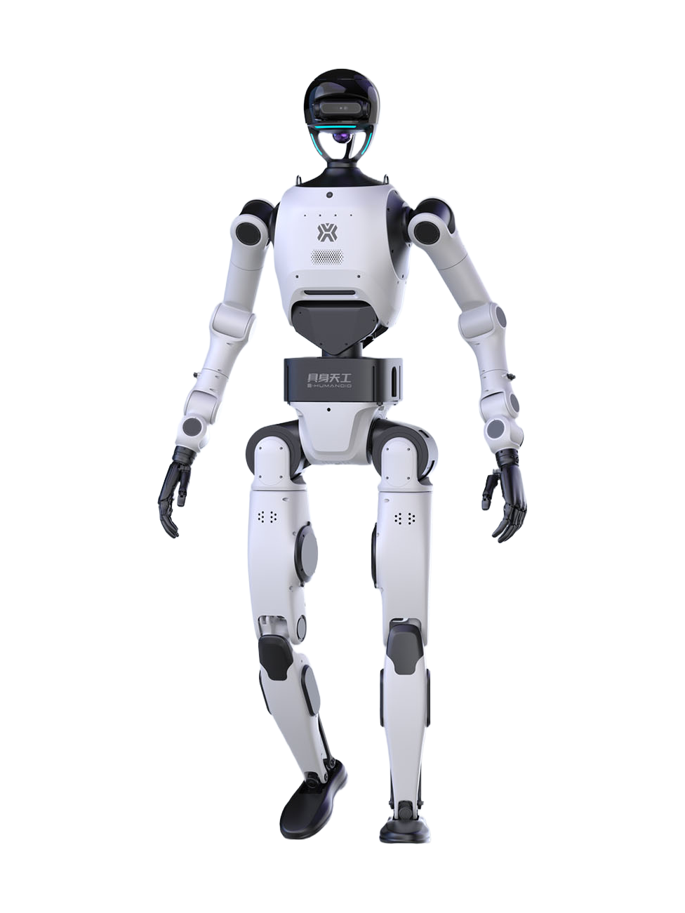 X-Humanoid Tiangong 3.0, white bipedal humanoid robot with a black helmet head, walking, seen from the front, manufacturer image