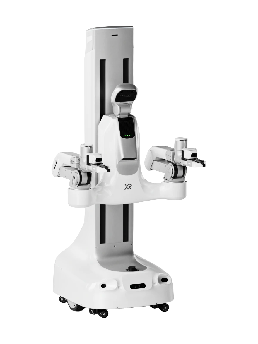 X Square Robot QUANTA X1 PRO, white two-armed humanoid robot with grippers on a tall wheeled frame, manufacturer product image