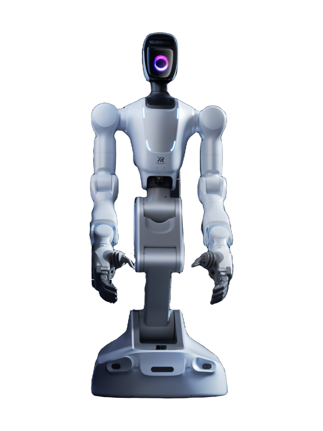 X Square Robot QUANTA X2, two-armed humanoid robot with a screen head on a column and wheeled base, manufacturer product image