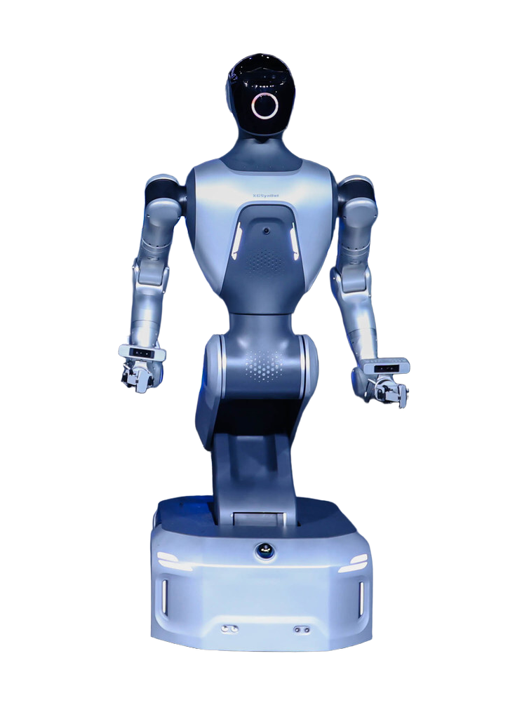 XGSynBot Z1, silver-grey humanoid upper body with a black head with a light ring and two arms on a column above a silver-grey wheeled base, seen from the front, manufacturer photo
