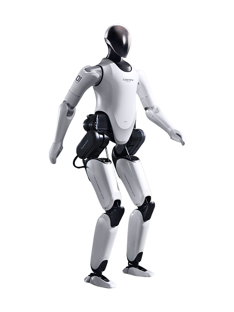 Xiaomi CyberOne, white and black bipedal humanoid with a black oval faceless head, standing with bent knees and its arms held slightly out from the body, seen at an angle from the front, manufacturer rendering