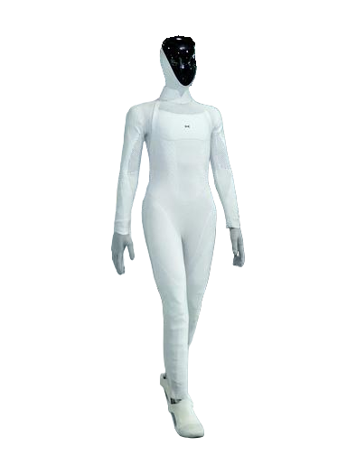 XPENG IRON, bipedal humanoid robot in a white knit bodysuit with a black face panel, mid-stride, manufacturer photo