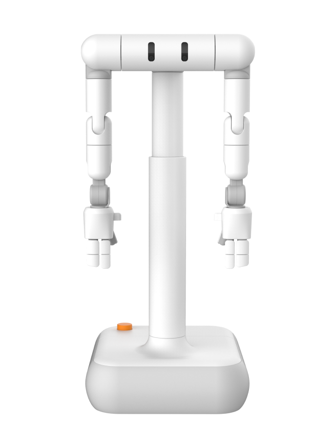 XYZ DEUX, white dual-arm robot with two arms with multi-fingered hands hanging from a horizontal top with two black eyes, on a tall column on a square base with an orange button, seen from the front, manufacturer rendering