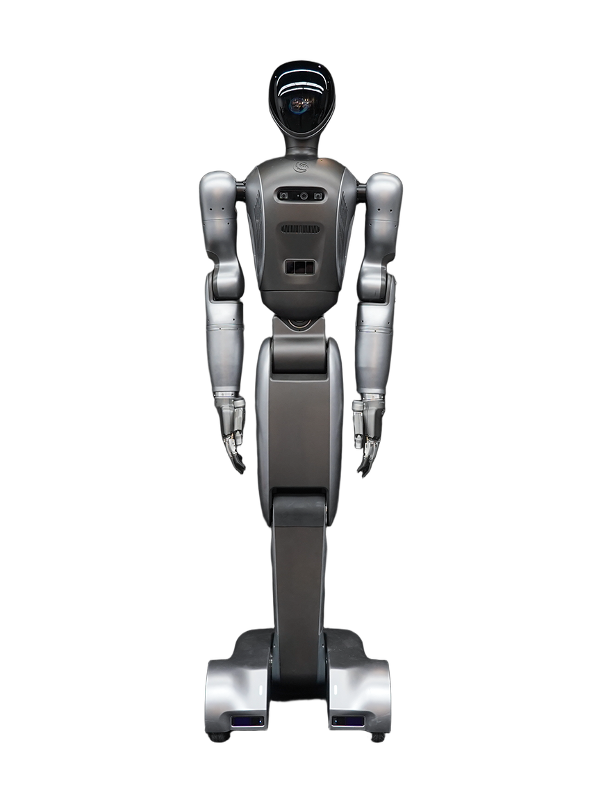 Yue Quan Bionics W-Bot, silver-grey semi-humanoid with a glossy black oval head, two silver arms and an upper body on a single folding leg on a wheeled base with two forward-pointing feet, standing upright, seen from the front, manufacturer photo