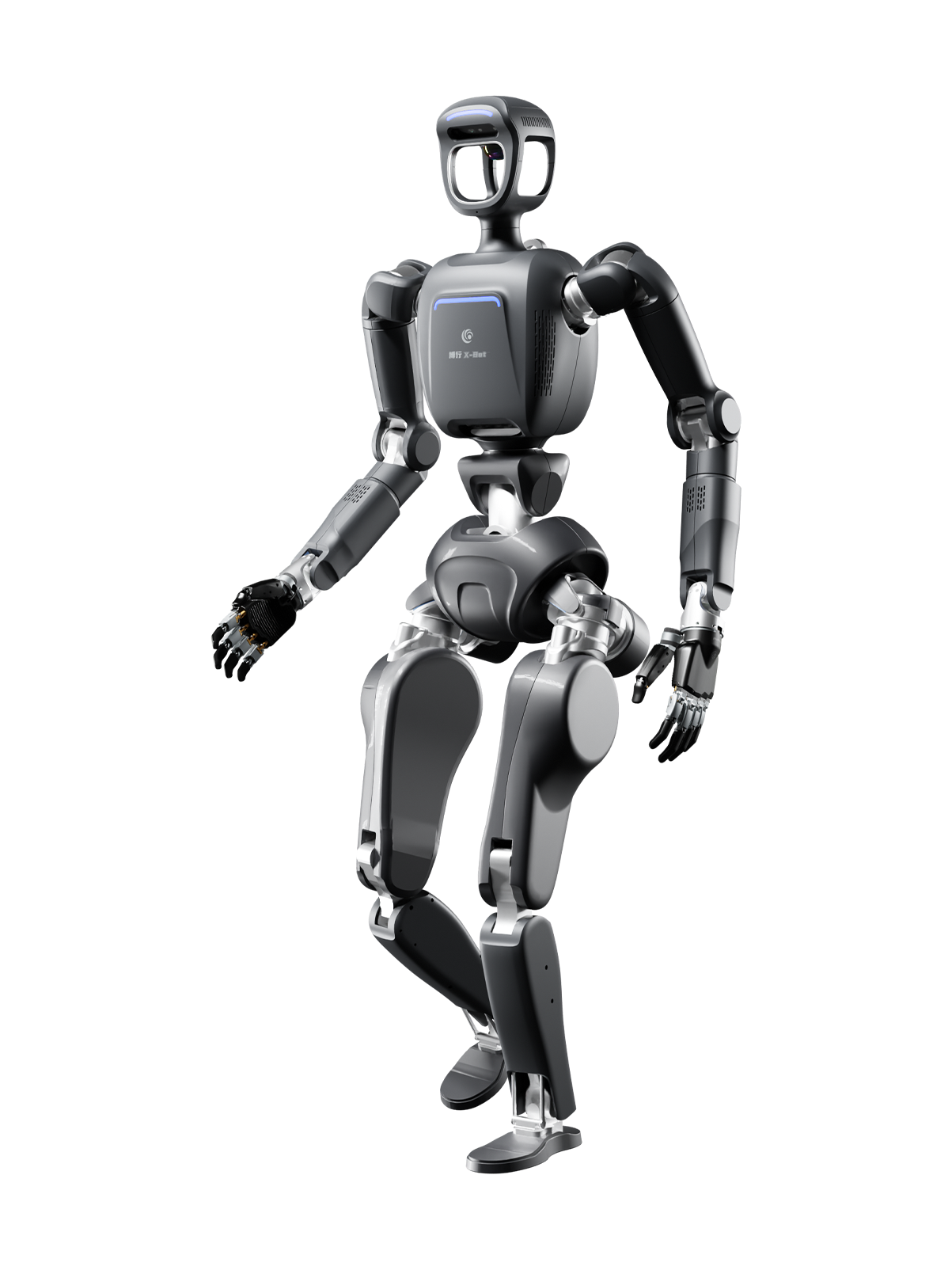 Yue Quan Bionics X-Bot, dark grey bipedal humanoid with an open rectangular frame head, a blue light strip on the chest and black five-fingered hands, mid-stride with one foot lifted, seen at an angle from the front, manufacturer rendering