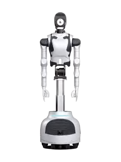 Yunmu YMBot D2, humanoid upper body with a white and black torso, a dark head with a round camera and two long arms on a narrow lifting column above a round white wheeled base, seen from the front, manufacturer image