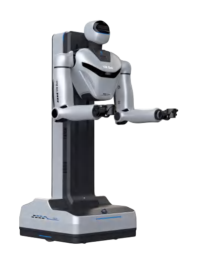 Yunmu YMBot D4, silver-grey humanoid upper body with a round head with a black visor and two arms with grippers held forward, mounted on a tall black lifting column on a square wheeled base, seen at an angle from the front, manufacturer image