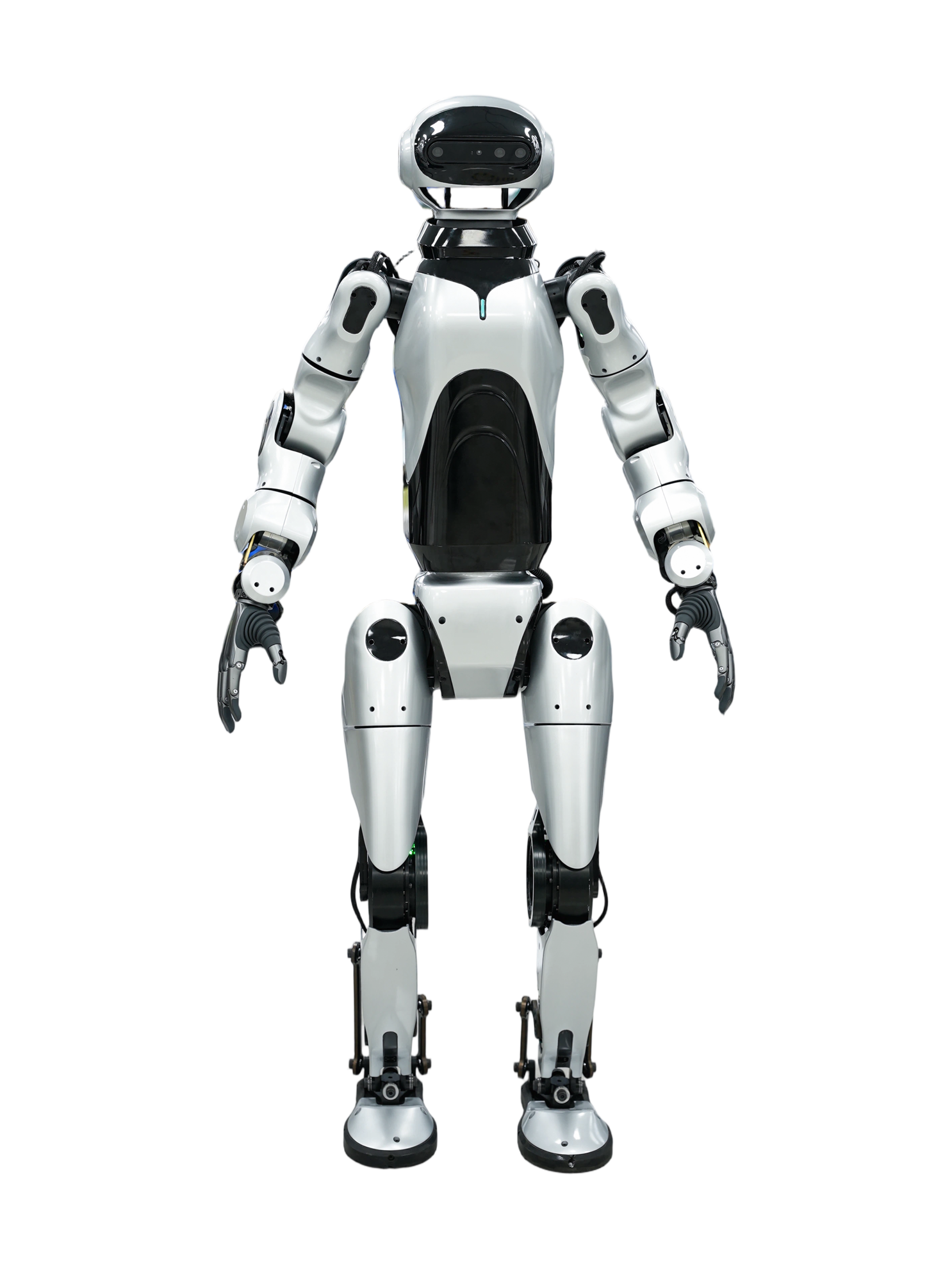 Yunmu YMBot E3, silver-white bipedal humanoid with a black chest panel, a round head with a black visor and five-fingered hands, standing, seen from the front, manufacturer image