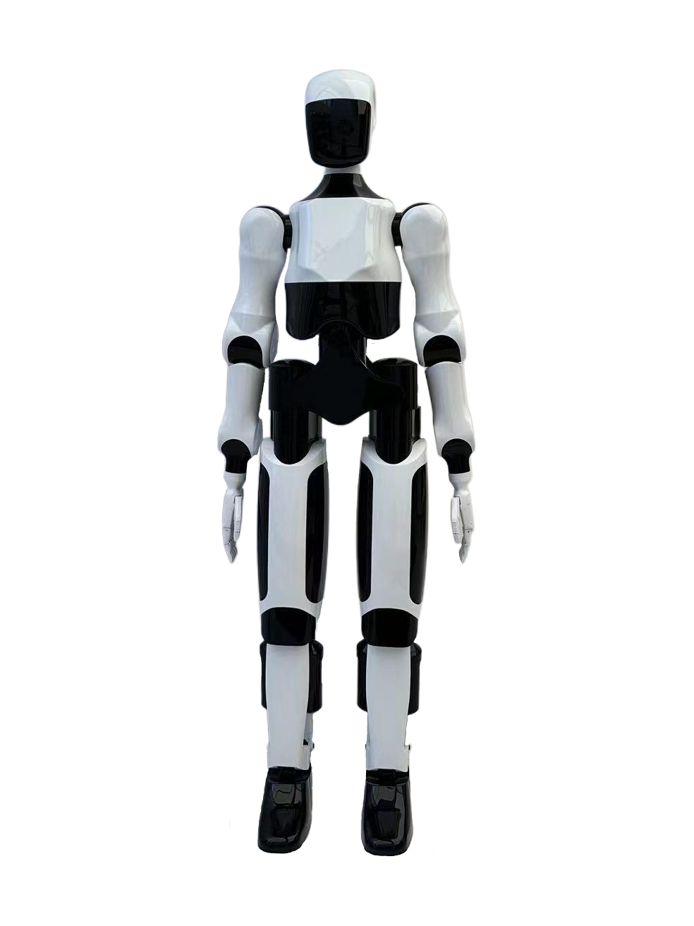 YMbot Type A, white and black bipedal humanoid with a black head, standing with its arms down, seen from the front, manufacturer image