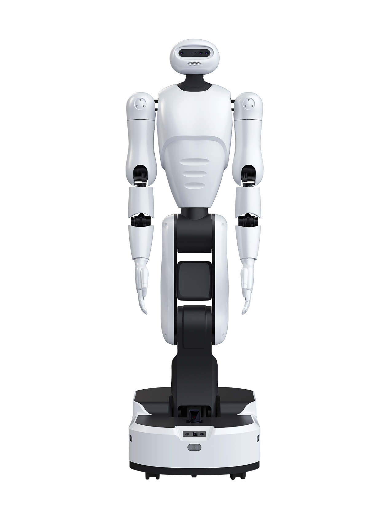 YMbot Type D, white humanoid upper body with a black face strip on a black column above a white and black wheeled base, seen from the front, manufacturer rendering