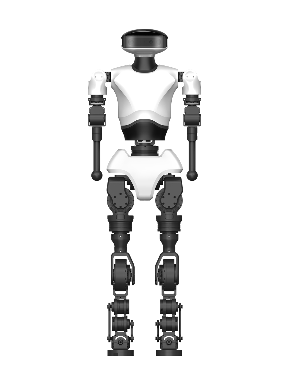 YMbot Type E, white and black bipedal humanoid with a black head and exposed black leg joints, standing, seen from the front, manufacturer rendering