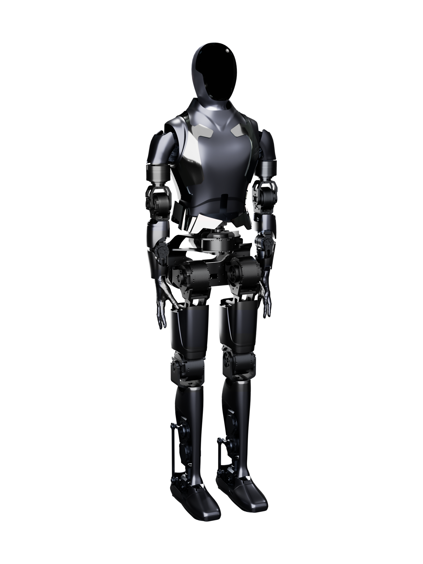 YMbot Type F, black and dark grey bipedal humanoid with a glossy black head, standing, seen from the front, manufacturer rendering
