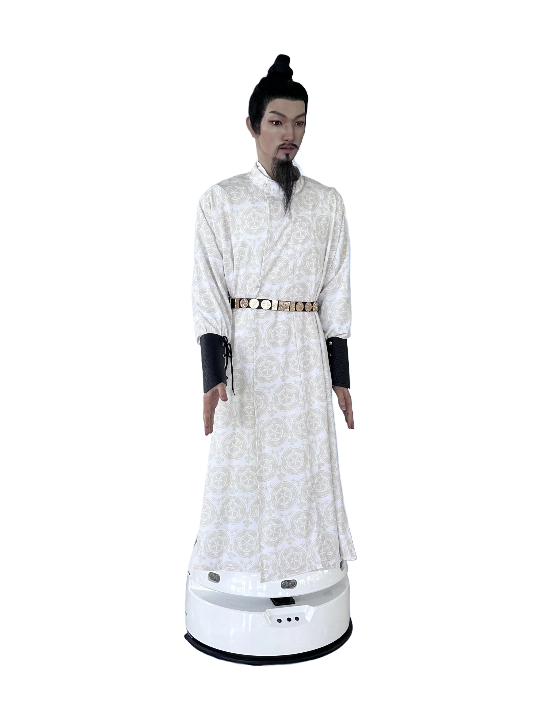 YMbot Type H, humanoid with a human-like face, black hair in a topknot and a white robe on a round white wheeled base, seen from the front, manufacturer image