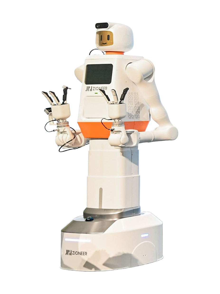 Zioneer Xiaomu, white service robot with an orange band, a helmet-shaped head with a yellow face and two arms with grippers, on a white wheeled base, seen at an angle from the front, manufacturer photo
