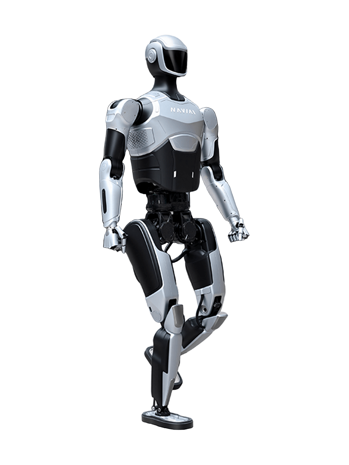 NAVIAI i3, silver and black bipedal humanoid robot mid-stride, manufacturer photo