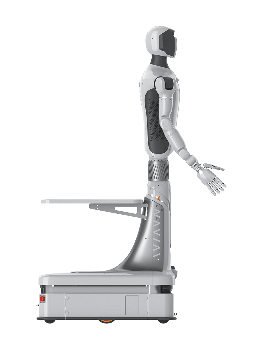 NAVIAI WA1, white humanoid upper body with a white head and a black face screen on a silver column and a white wheeled base with a small shelf, seen from the side with one hand held out, manufacturer rendering