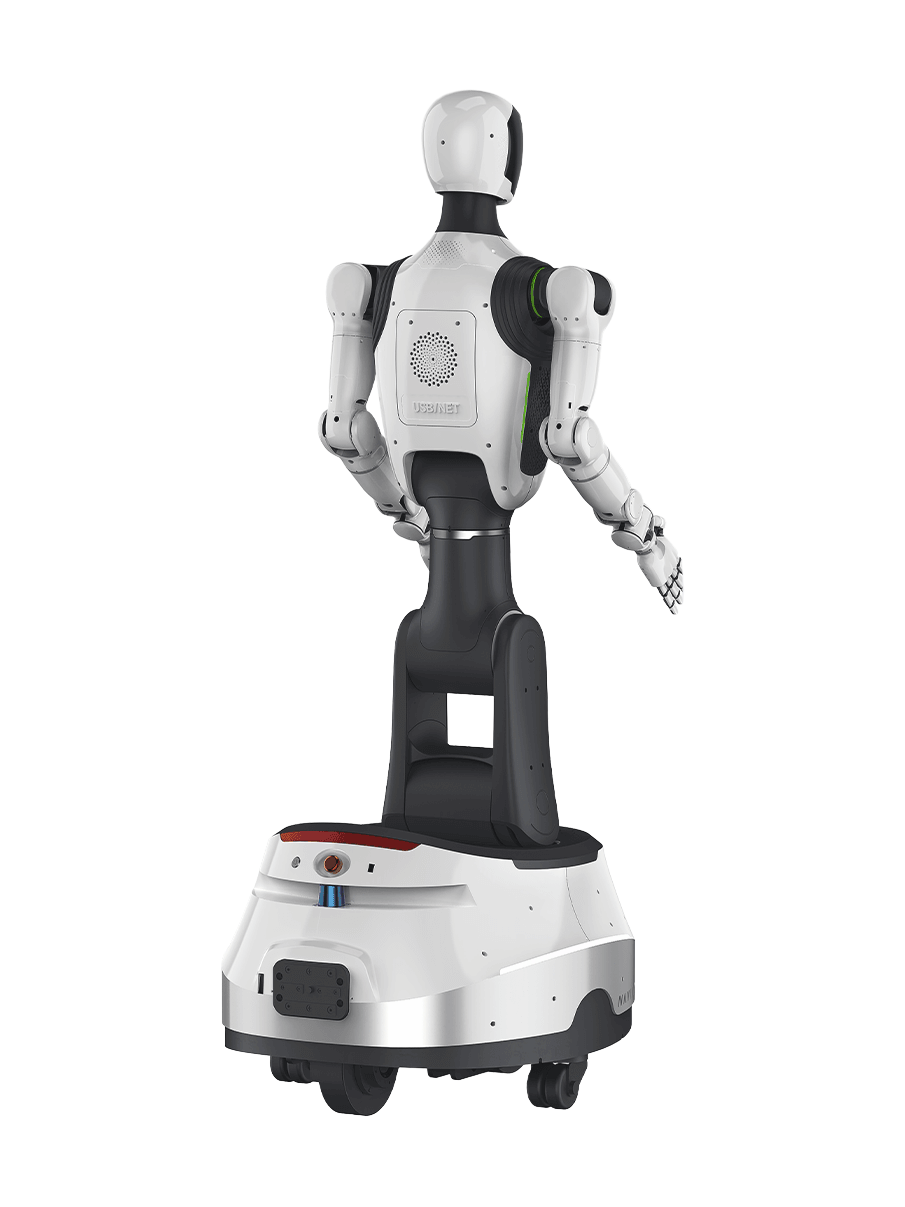 NAVIAI WA2, white humanoid upper body with a white head and black shoulders on a black column and a white wheeled base, seen at an angle from behind with one arm slightly extended, manufacturer rendering