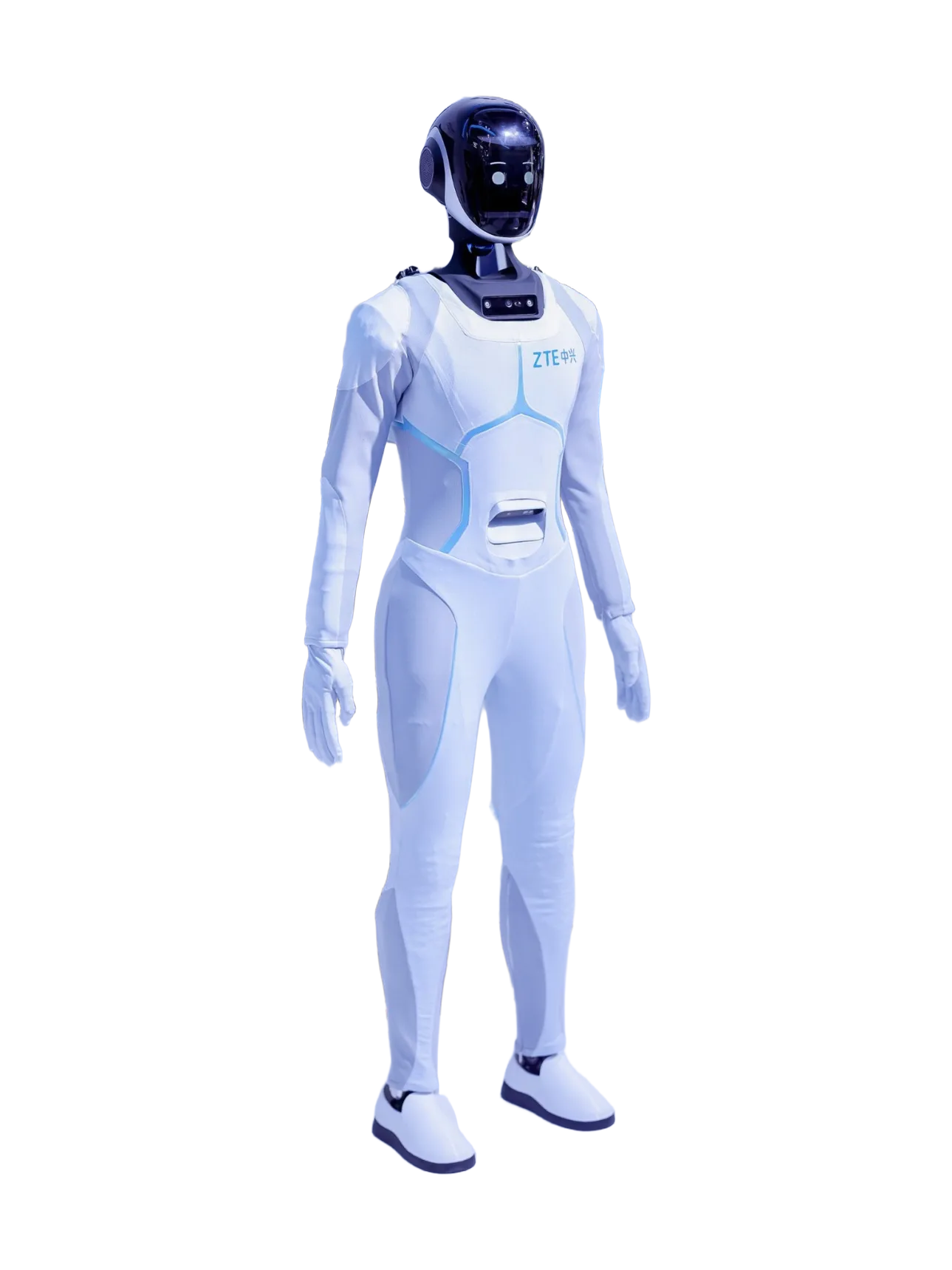 ZTE Xingzai, bipedal humanoid in a white full-body suit with blue lines and a ZTE logo on the chest and a glossy black head with glowing eyes, standing with its arms down, seen at an angle from the front, press photo