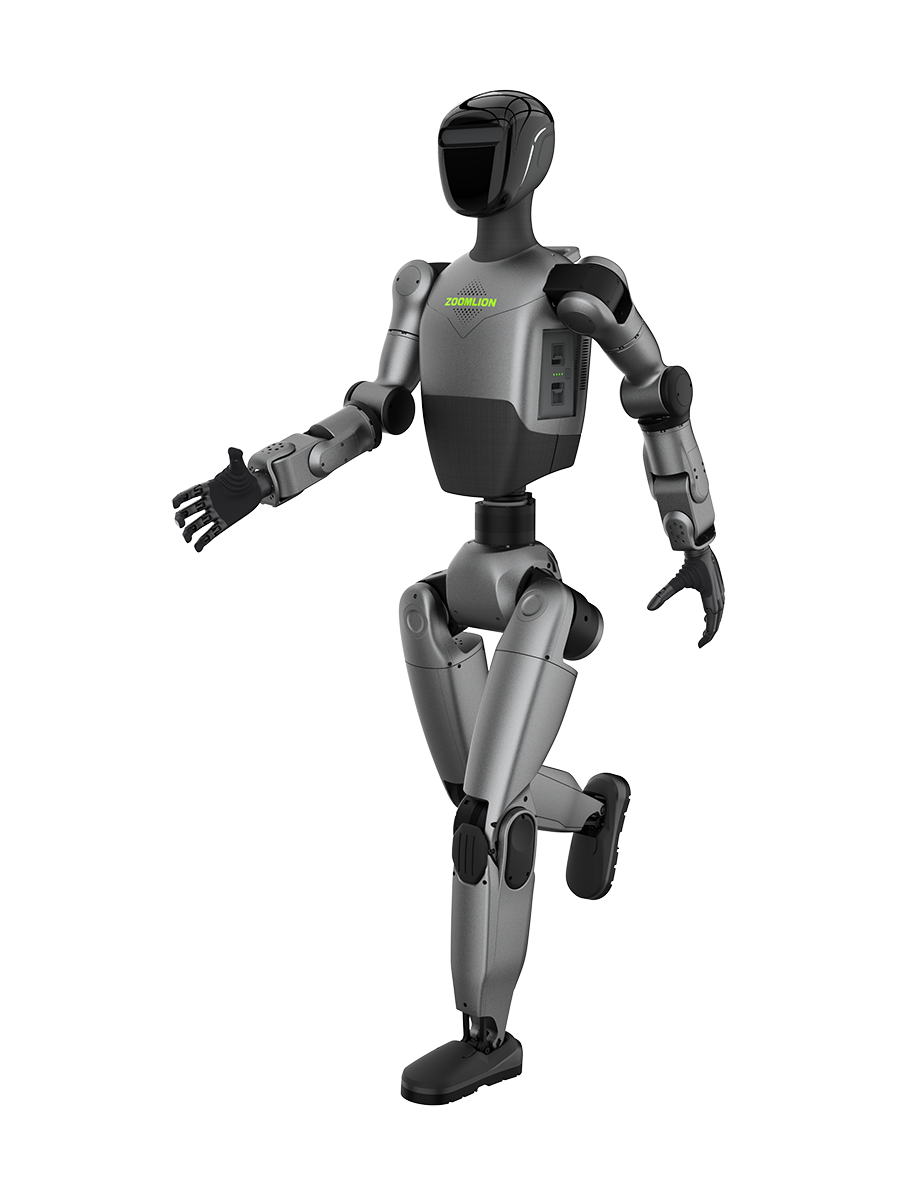 Zvalley Z01, silver and black bipedal humanoid with a black head, walking with one knee raised, seen at an angle from the front, manufacturer rendering