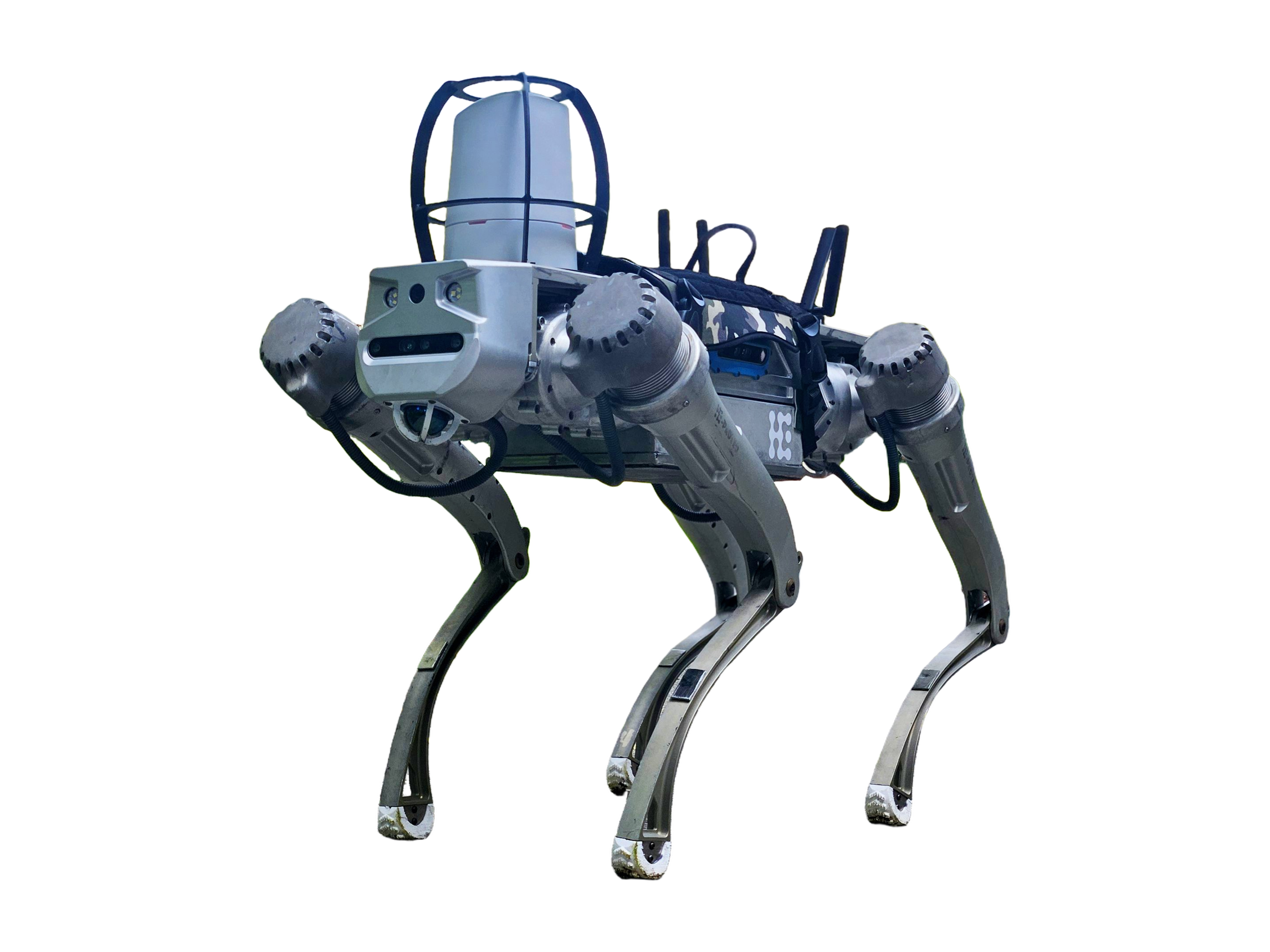 Hyperever Proteo, grey quadruped robot with a protective cage and antennas on its back, manufacturer photo