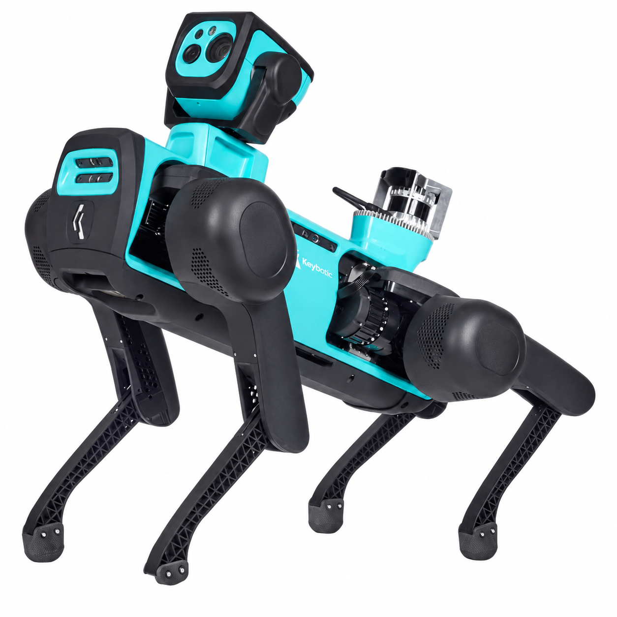 Keybotic Keyper, black and turquoise quadruped inspection robot, studio photo on a white background