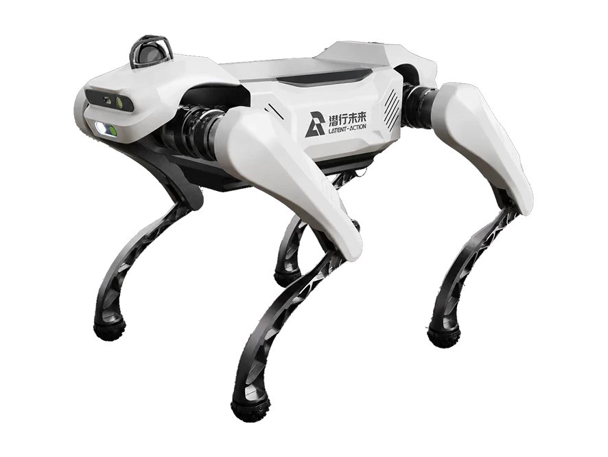 Latent-Action P05, white four-legged robot with the Latent-Action logo on its side, black lattice-shaped lower legs and a small camera on top of the head, seen from the front at an angle, manufacturer image