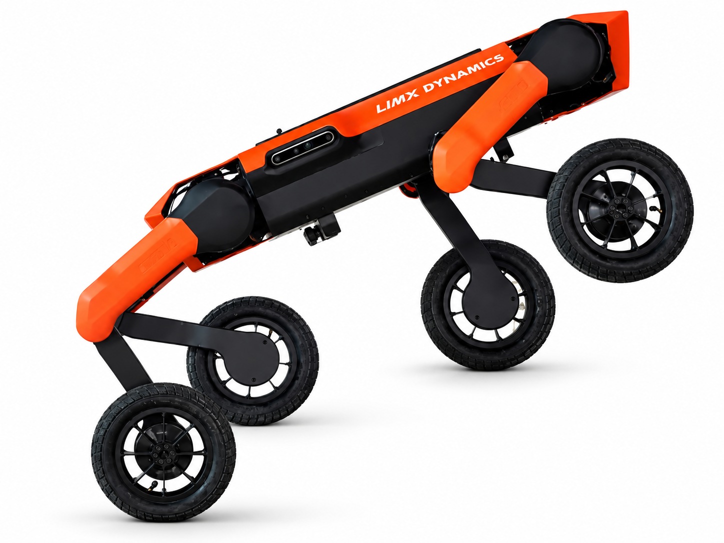 LimX Dynamics W1 wheeled-legged quadruped robot with four independently wheeled legs, on white background