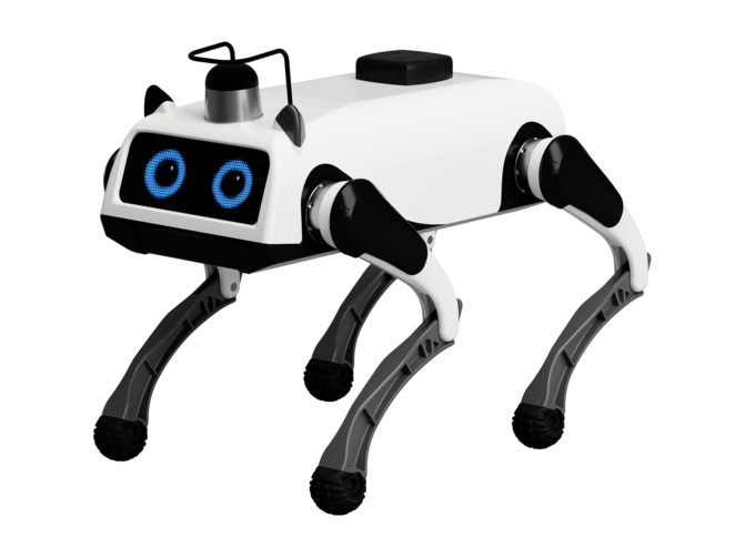 Maum AI JINDO BOT, white four-legged robot with a black screen face showing two blue eyes, two small ears, antennas on the head and grey legs with black ball feet, seen from the front at an angle, manufacturer image