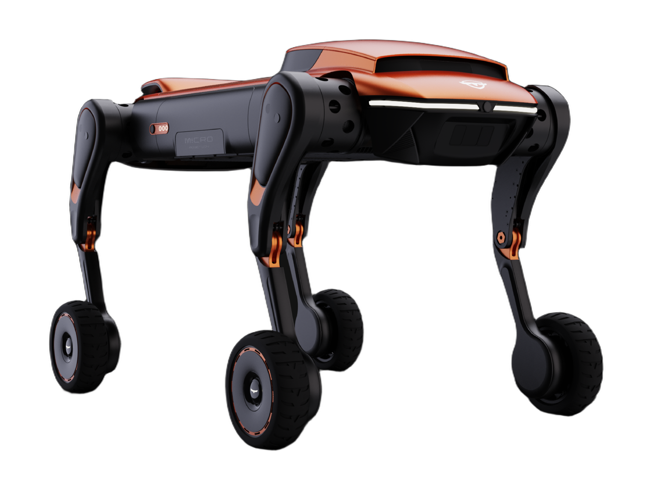 MicroRoboTech MOVENEW P2, black and orange quadruped robot with wheels on its feet, manufacturer rendering