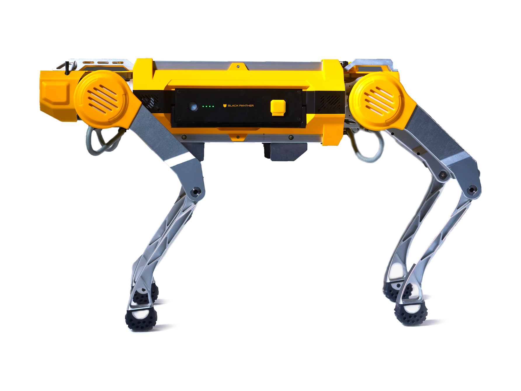 MirrorMe Technology Apollo, yellow quadruped industrial robot with a black battery module on its back and grey legs with black rubber feet, seen from the side