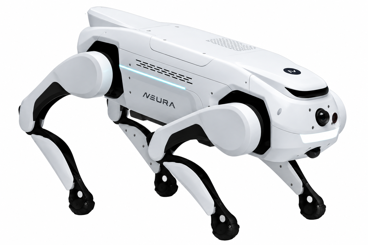 NEURA Quadruped, white quadruped robot with a black sensor mast on its back and the NEURA logo on its side