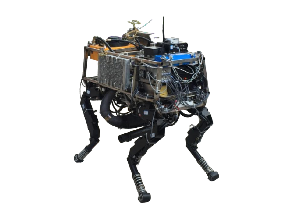 SCalf, hydraulic research quadruped robot with an open steel frame, exposed cabling and springs in its legs, photo from Shandong University's robotics centre