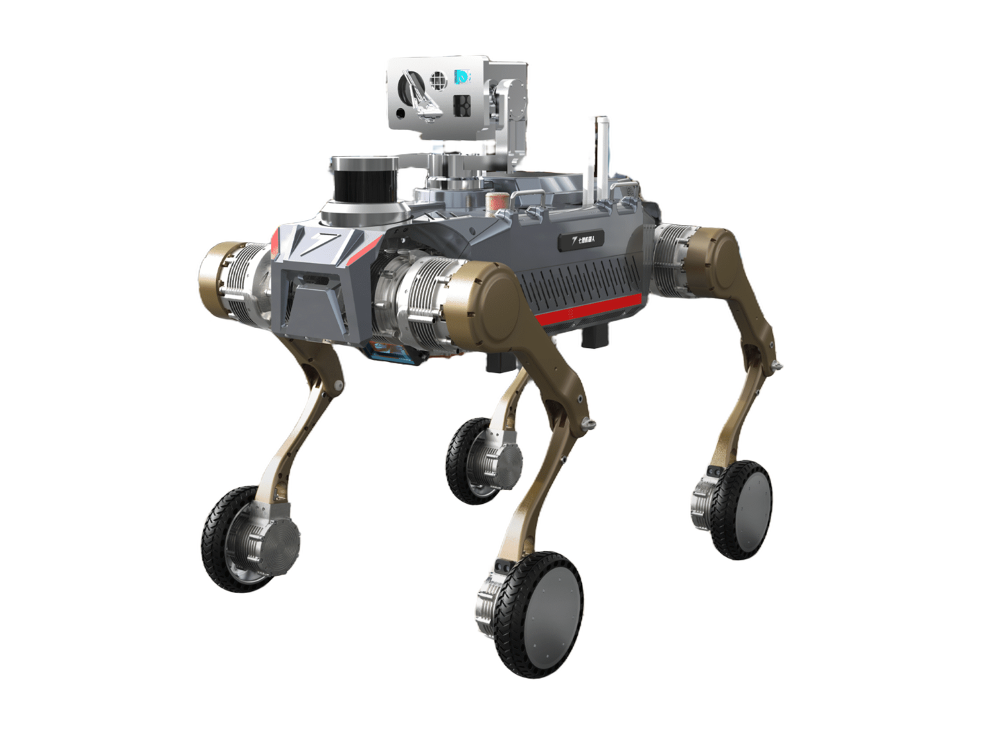 Sevnce X5, explosion-proof quadruped robot with wheels on its feet and sensors on its back, manufacturer rendering