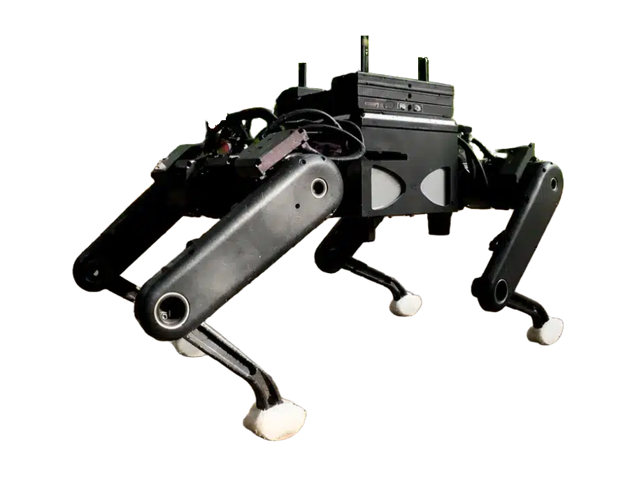 Strider Robotics M3, black quadruped robot with a computer unit on top of the body and white feet, seen from the front at an angle