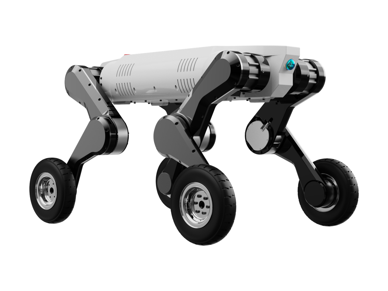 SVT Four-Wheeled Robot, white and black quadruped robot with wheels on all four legs, manufacturer product image