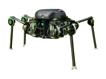 TITAN-XIII, four-legged robot with a low black box on top, green motors and black carbon-fibre legs splayed out to the sides, seen from the front at an angle, research team photo