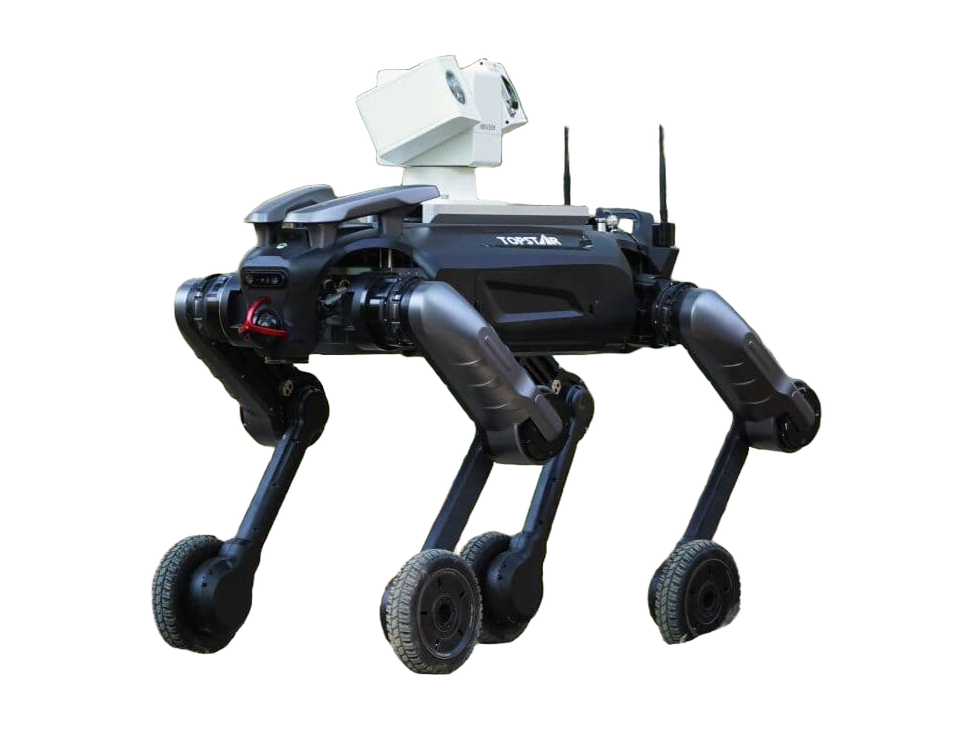 Topstar Xingzai, black quadruped robot with wheels on its feet and a white sensor box on its back, manufacturer image