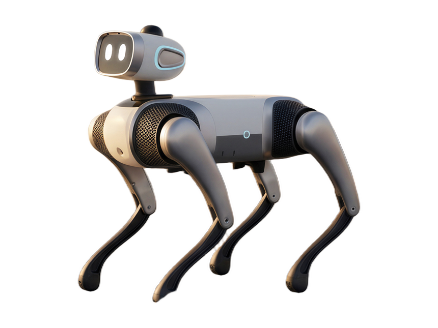 Vbot SuperDog, beige and grey quadruped robot with a head showing two illuminated eyes, manufacturer rendering