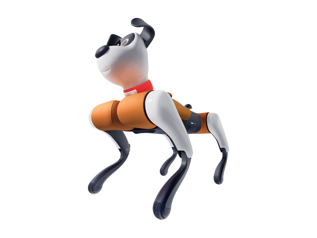 WEILAN BabyAlpha A2, white and orange quadruped robot dog with a cartoon face and a red collar, manufacturer image