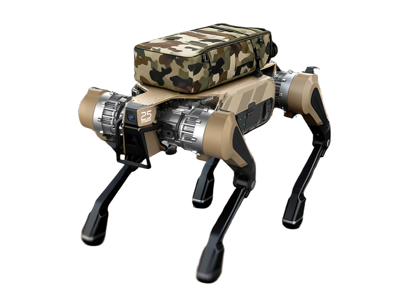 Wuba Tianlang Q25, sand-coloured quadruped robot with a camouflage bag on its back, manufacturer rendering