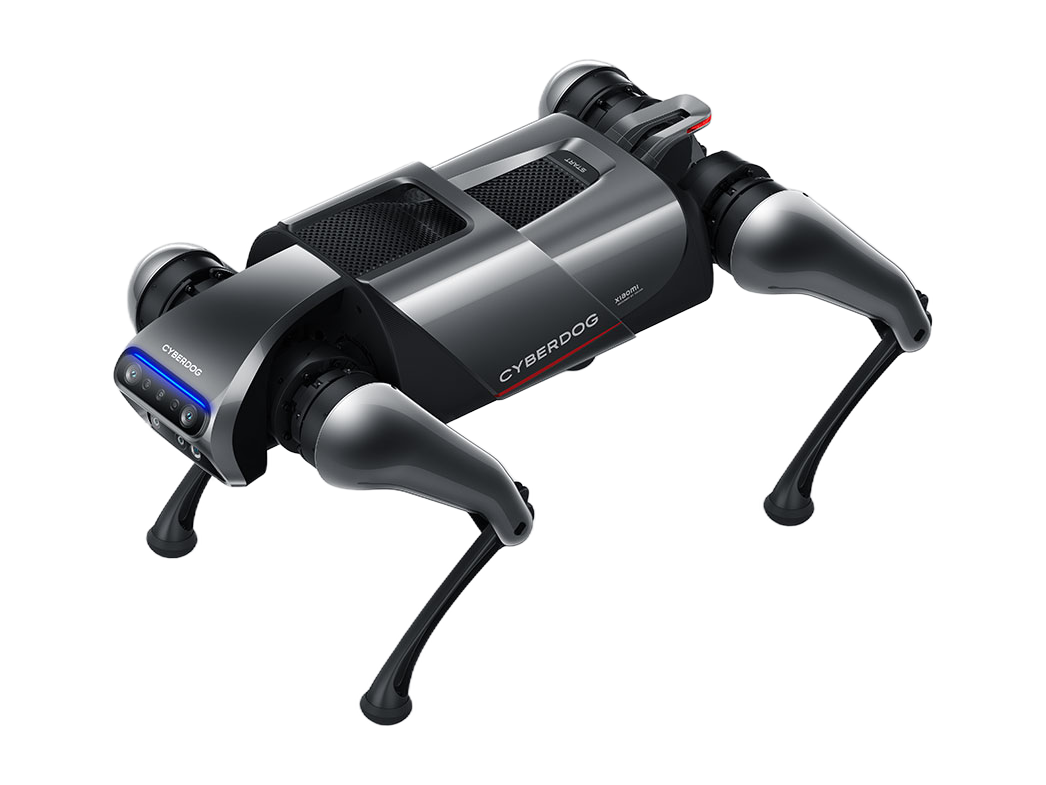 Xiaomi CyberDog, dark grey and black quadruped robot with a blue-lit camera front, seen at an angle from above, manufacturer product image