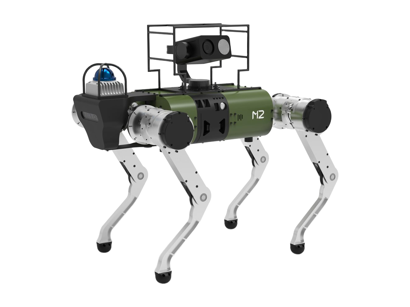 xTerra Svan M2, green and white quadruped robot with a LiDAR and a PTZ camera on its back, manufacturer product image