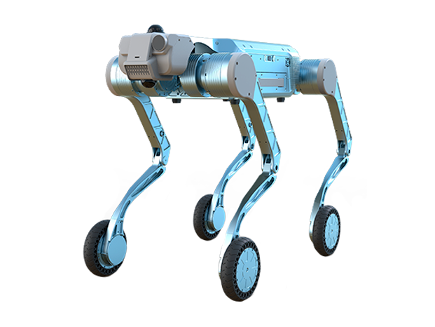 Yobotics Y20-W, light-blue quadruped robot with wheels on its feet, manufacturer product image