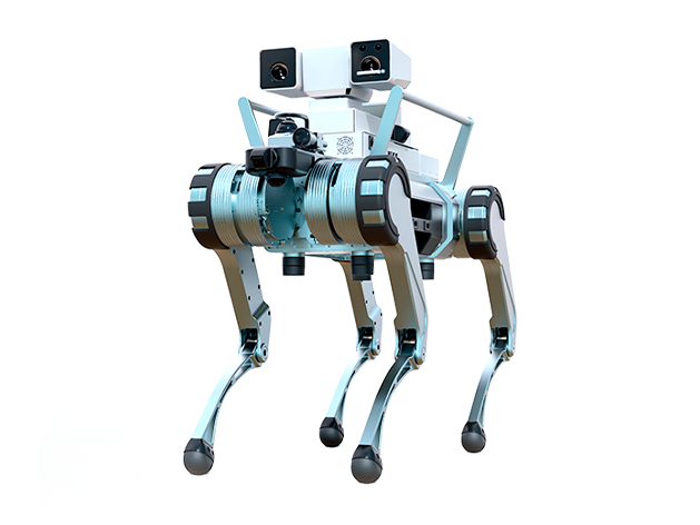 Yobotics Y30, light-blue and white quadruped robot with a sensor head on its back, manufacturer product image