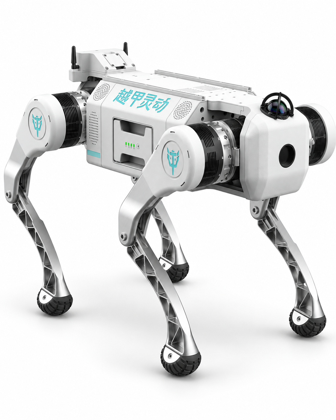 Yuejia Lingdong YJ30W MAX, wheeled-leg quadruped robot, studio photo on a white background