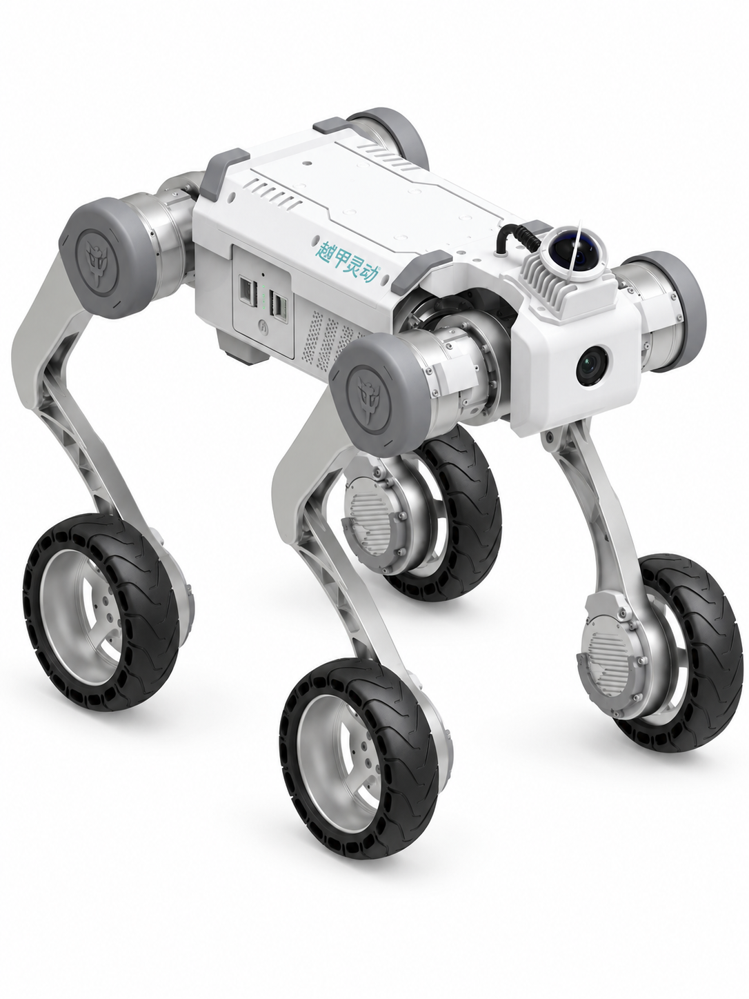 Yuejia Lingdong YJ30 W, wheeled-leg quadruped robot, studio photo on a white background