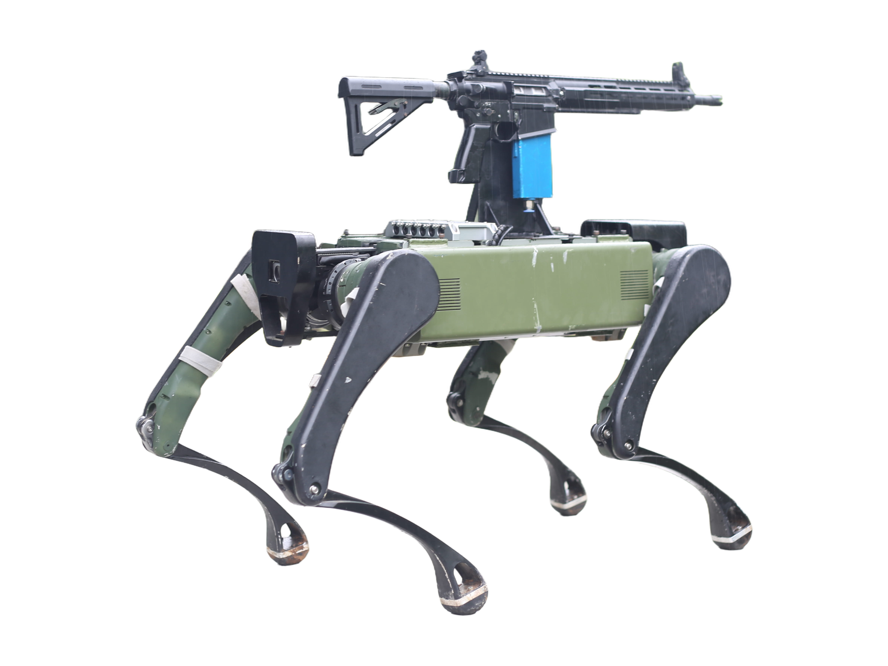 Zen Technologies Prahasta, green and black quadruped robot with a rifle mounted on its back, manufacturer photo
